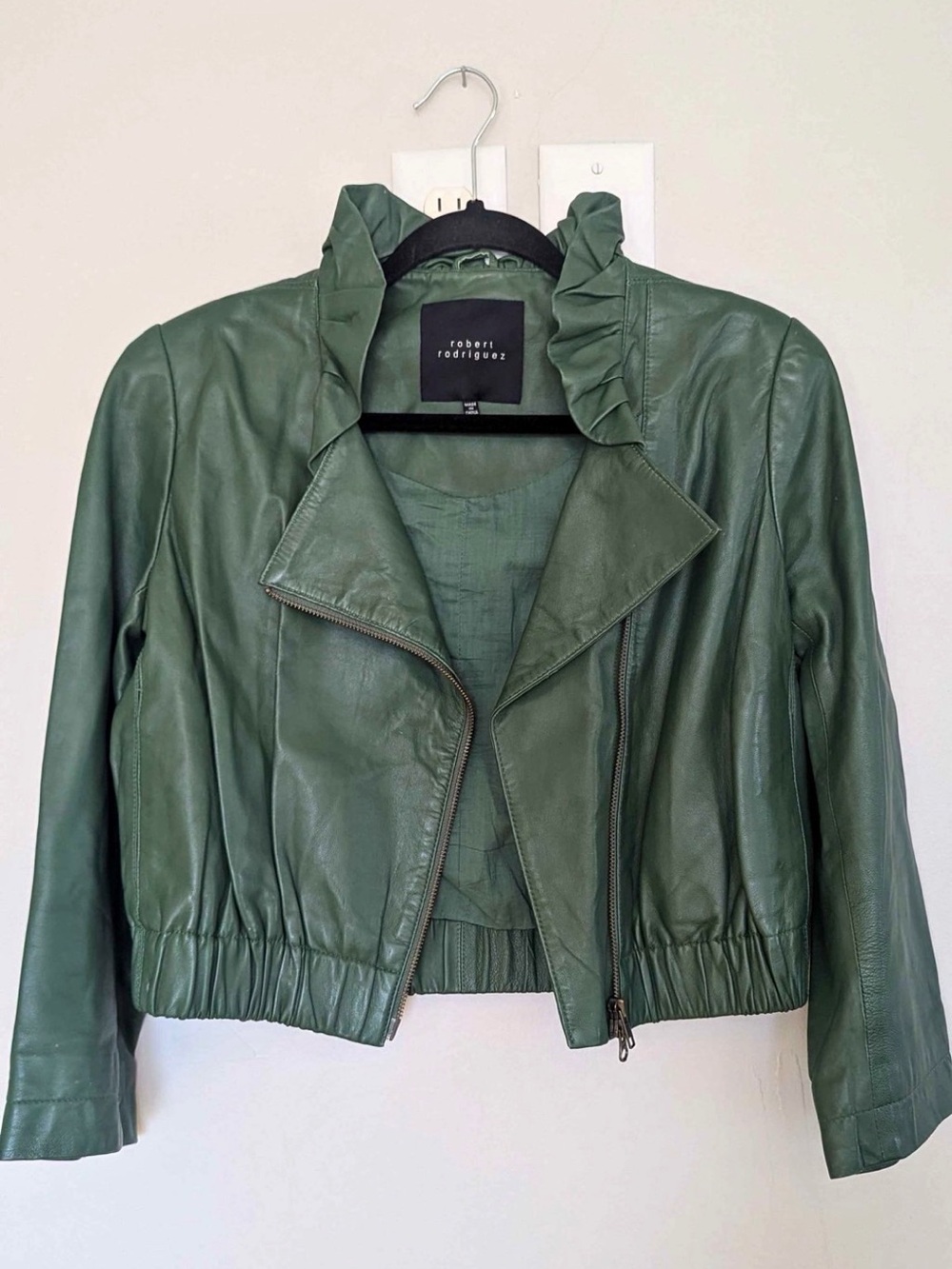 Robert Rodriguez Olive Green Leather Ruffle-Collar Moto Jacket